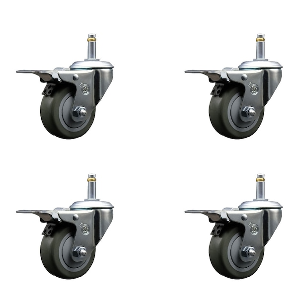 3'' Gray Polyurethane Swivel 7/16'' Stem Caster Set with Total Lock Brake, 4PK